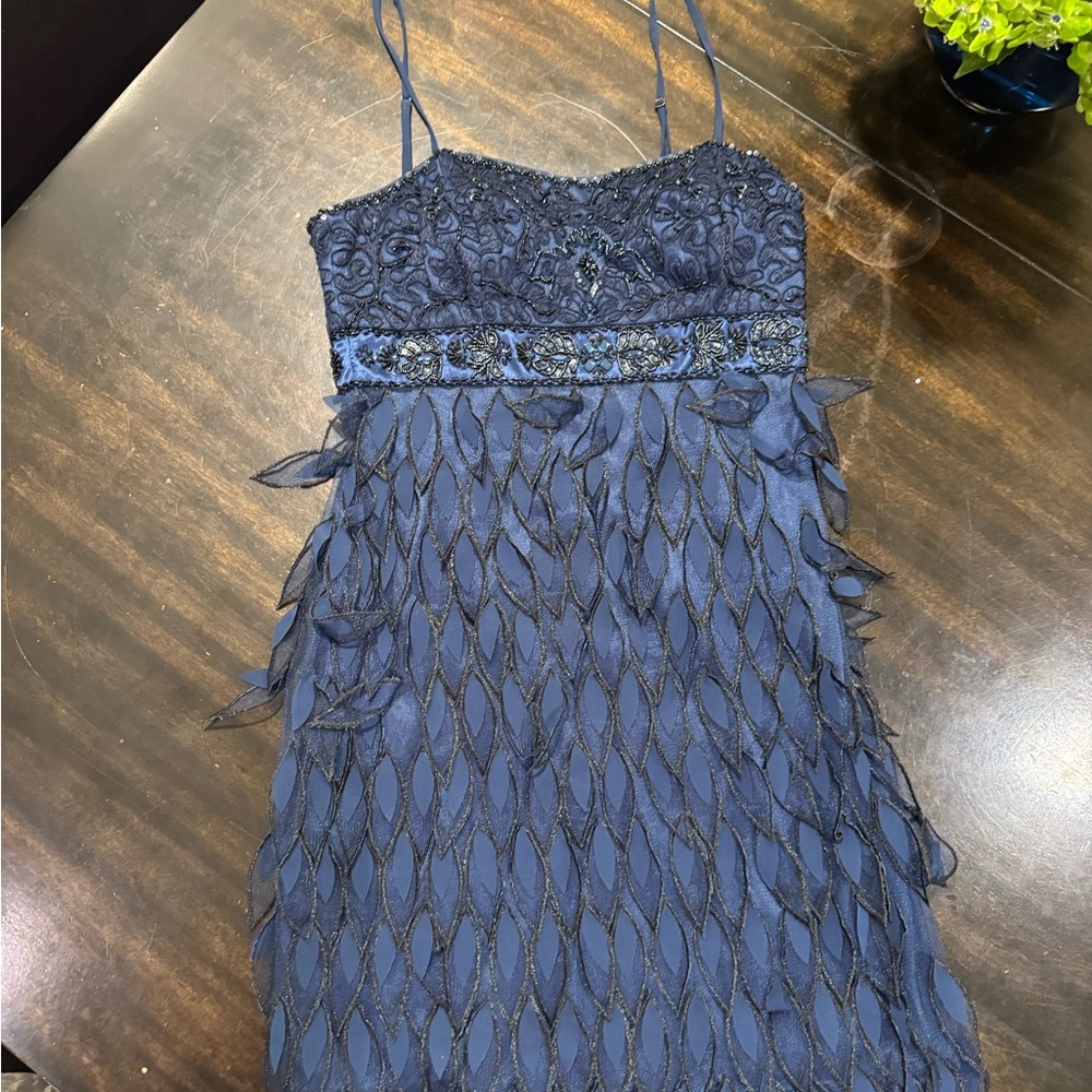 Sue Wong Blue Ruffled Embellished Mini Dress